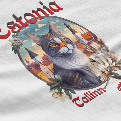 Estonian-themed design with a cat, flowers, and text on a white background