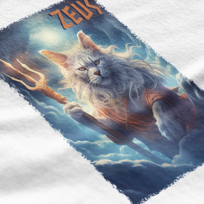 Cat with a trident labeled 'Zeus' on a white background