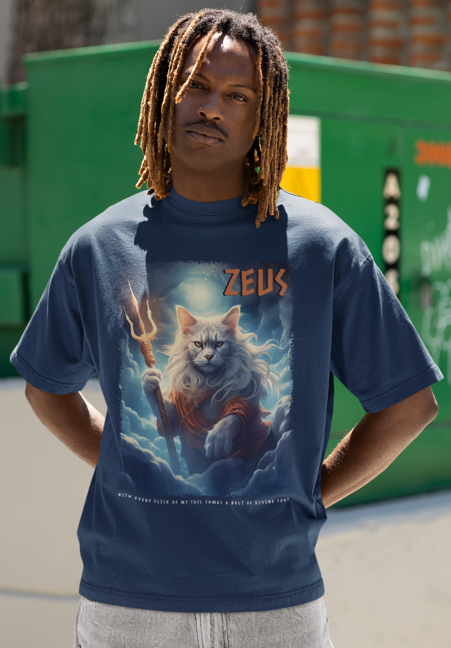 FEAR THE TRIDENT, ZEUS, GREEK GOD CAT - Unisex Classic Crew Neck Cotton T-Shirt in Black, Navy & Lapis Blue