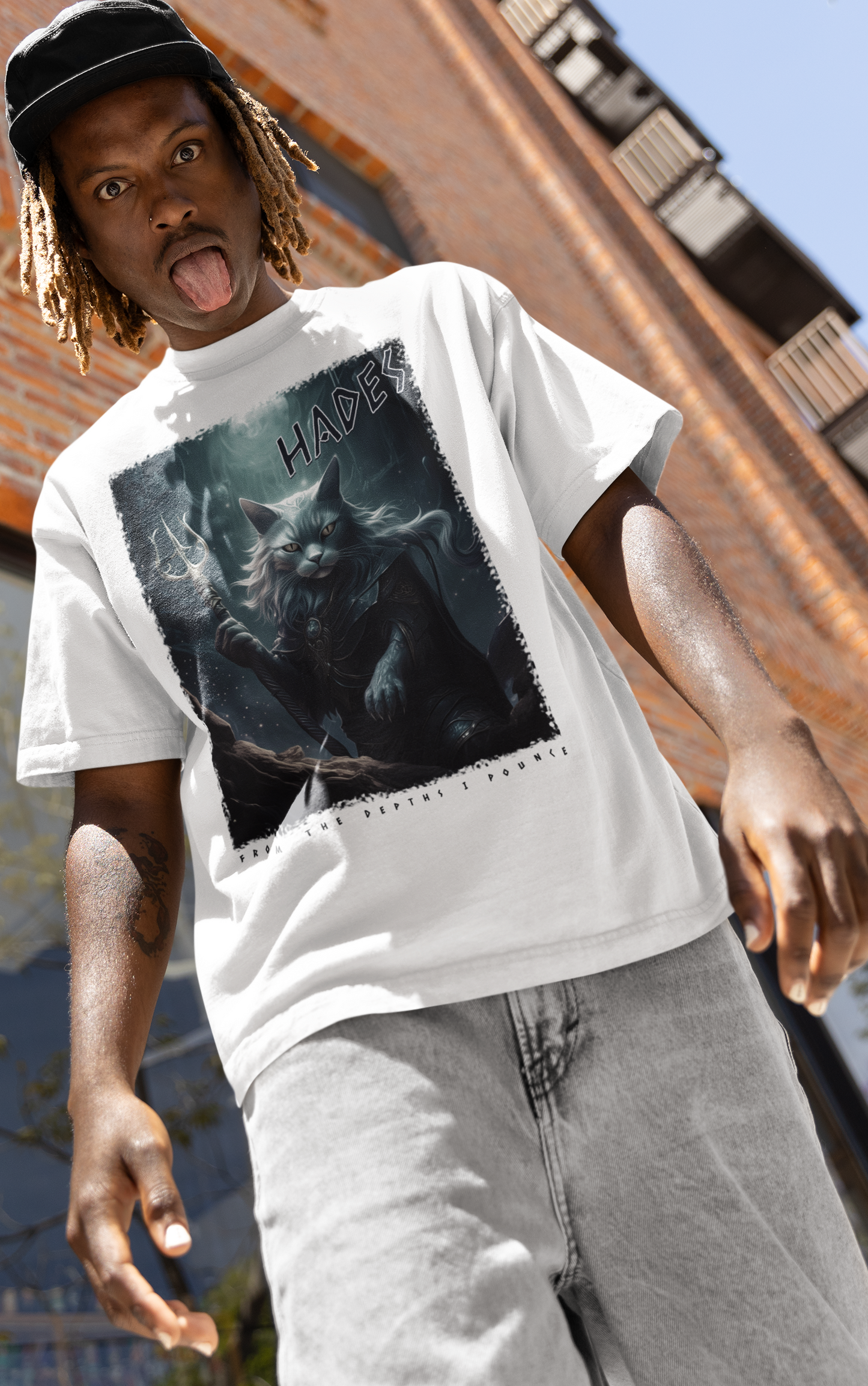 FROM THE DEPTHS I POUNCE, HADES, GREEK GOD CAT - Unisex Classic Crew Neck Cotton T-Shirt