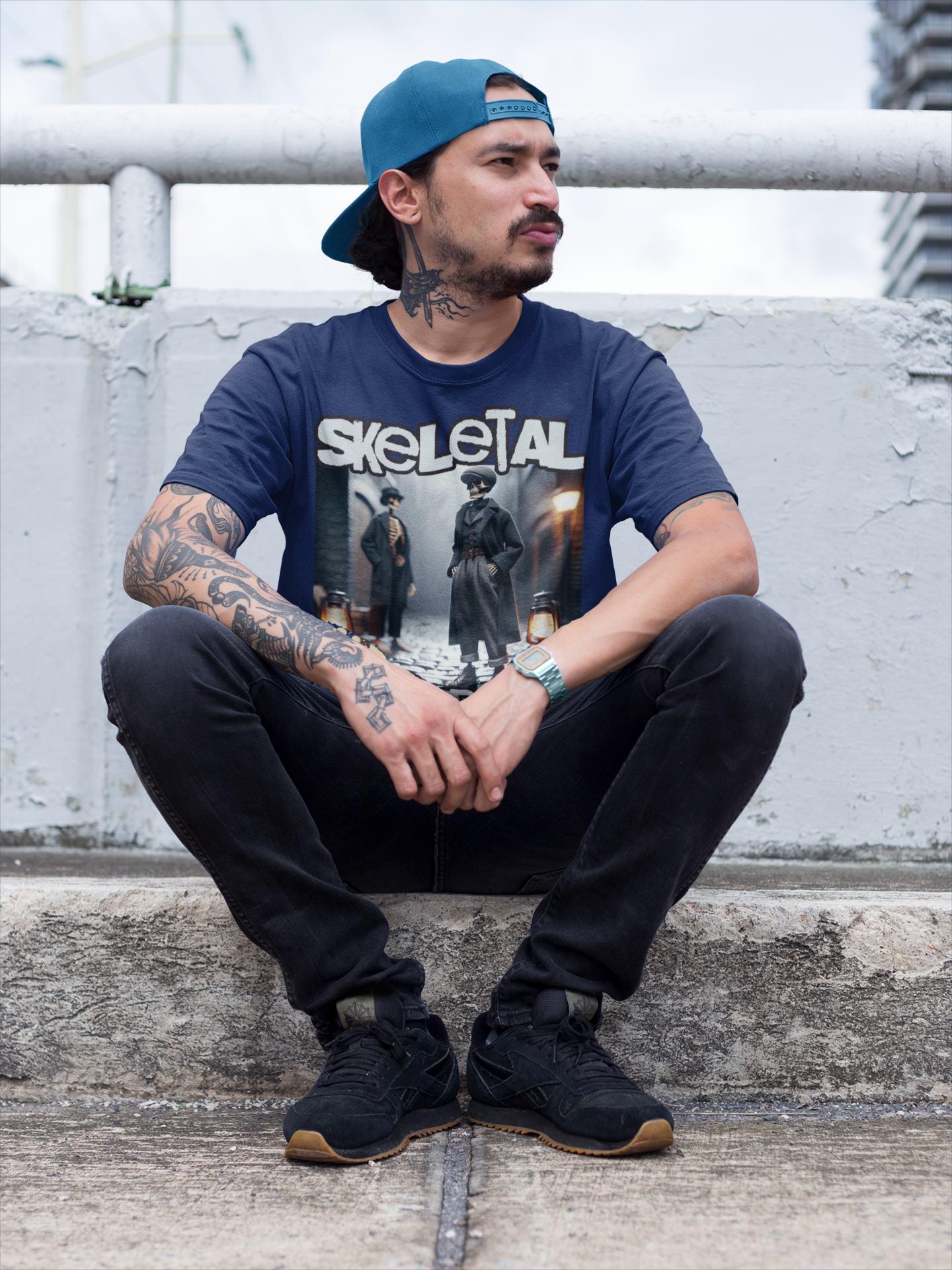 SKELETAL BLINDERS - Unisex Classic Crew Neck Cotton T-Shirt in Black & Blue