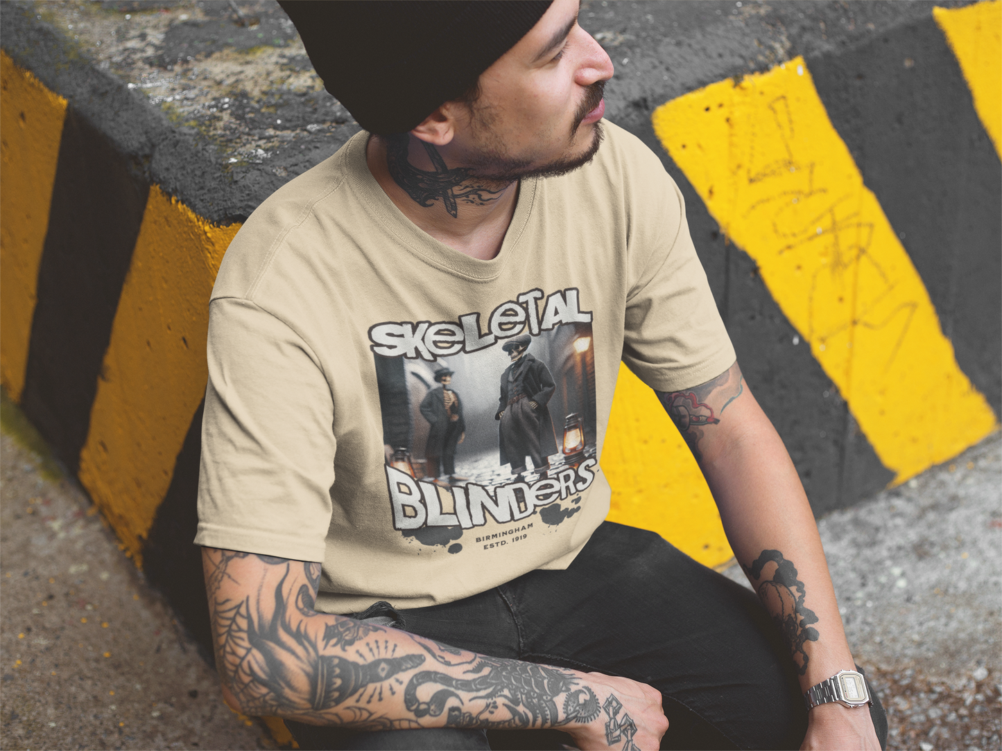 SKELETAL BLINDERS - Unisex Classic Crew Neck Cotton T-Shirt in White, Grey & Peach