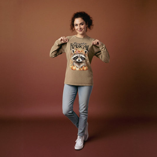 Pumpkin Rascal Racoon Acid Wash Oversize Long Sleeve T-Shirt