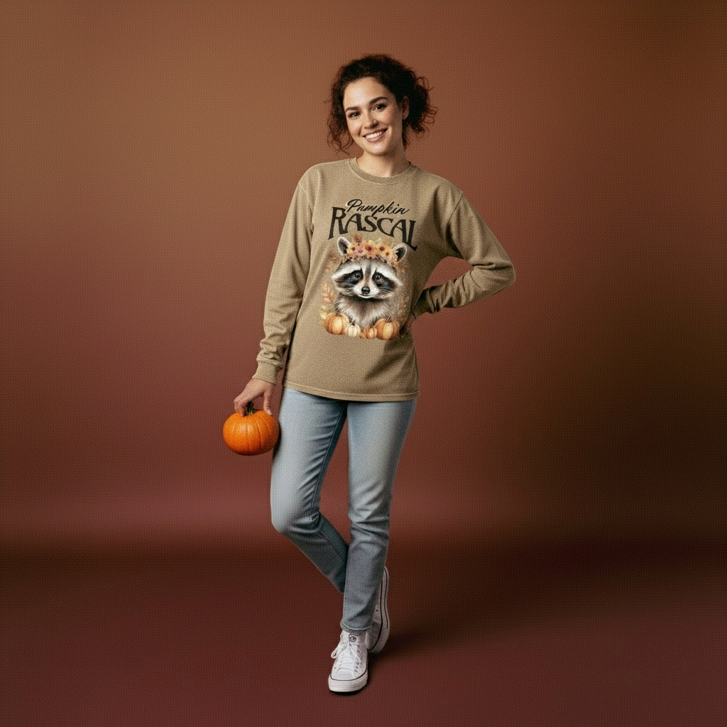 Pumpkin Rascal Racoon Acid Wash Oversize Long Sleeve T-Shirt