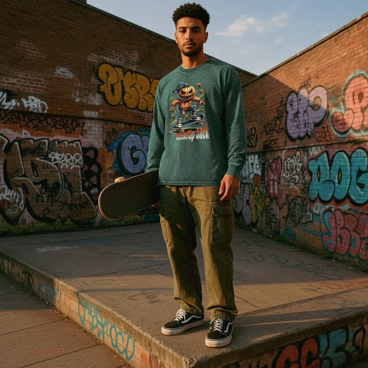 Kickflip Jack Pumpkin Skateboard Acid Wash Oversize Long Sleeve T-Shirt