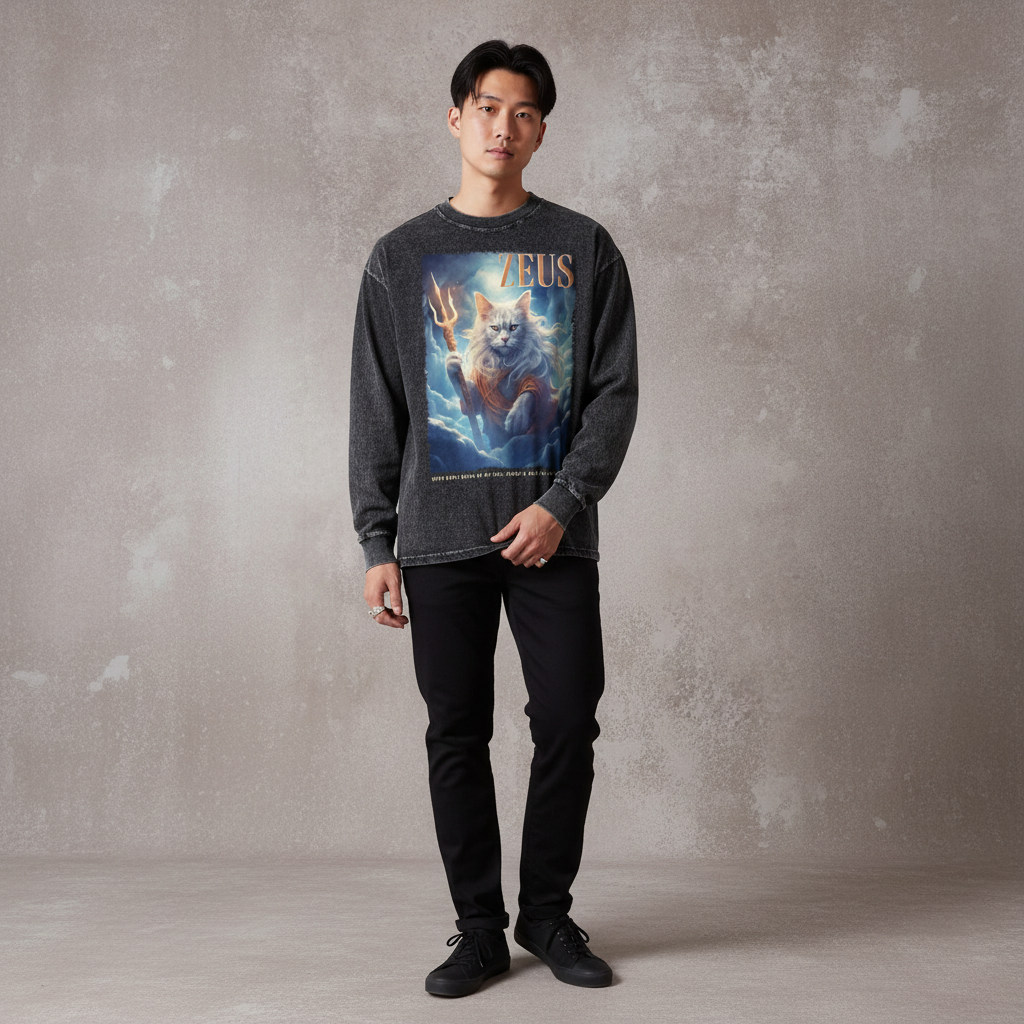 ZEUS, GREEK GOD CAT - Acid Wash Oversize Long Sleeve T-Shirt