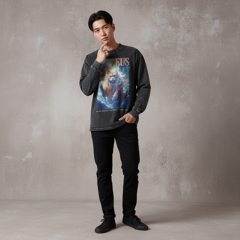 ZEUS, GREEK GOD CAT - Acid Wash Oversize Long Sleeve T-Shirt
