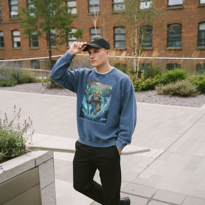 PURRSEIDON GREEK GOD CAT - Acid Wash Oversize Long Sleeve T-Shirt