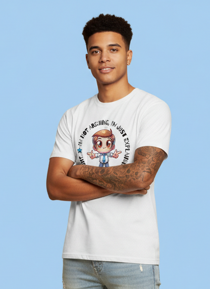 Man wearing a white t-shirt with a graphic design and ripped jeans on a light blue background