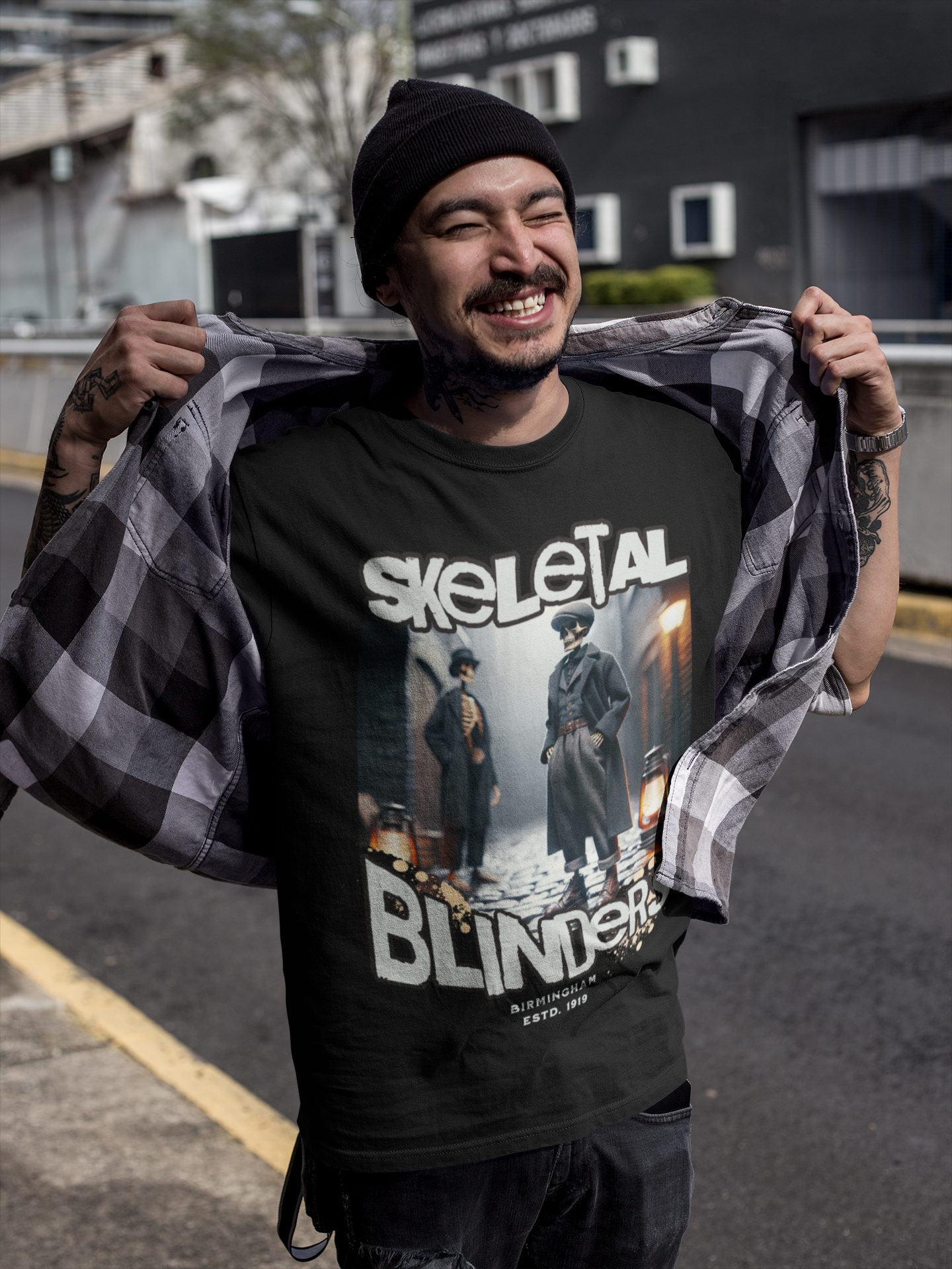 SKELETAL BLINDERS - Unisex Classic Crew Neck Cotton T-Shirt in Black & Blue