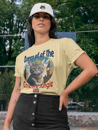 Woman wearing a graphic t-shirt with a cat design and text, standing outdoors.