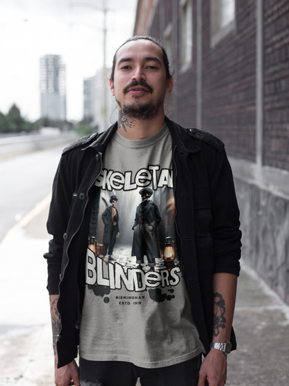 SKELETAL BLINDERS - Unisex Classic Crew Neck Cotton T-Shirt in White, Grey & Peach