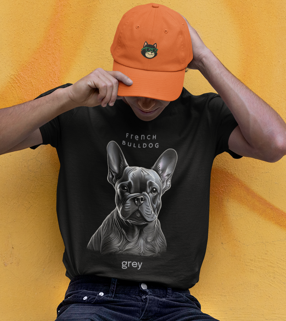 Person wearing a black t-shirt with a French Bulldog graphic and an orange cap against a yellow background